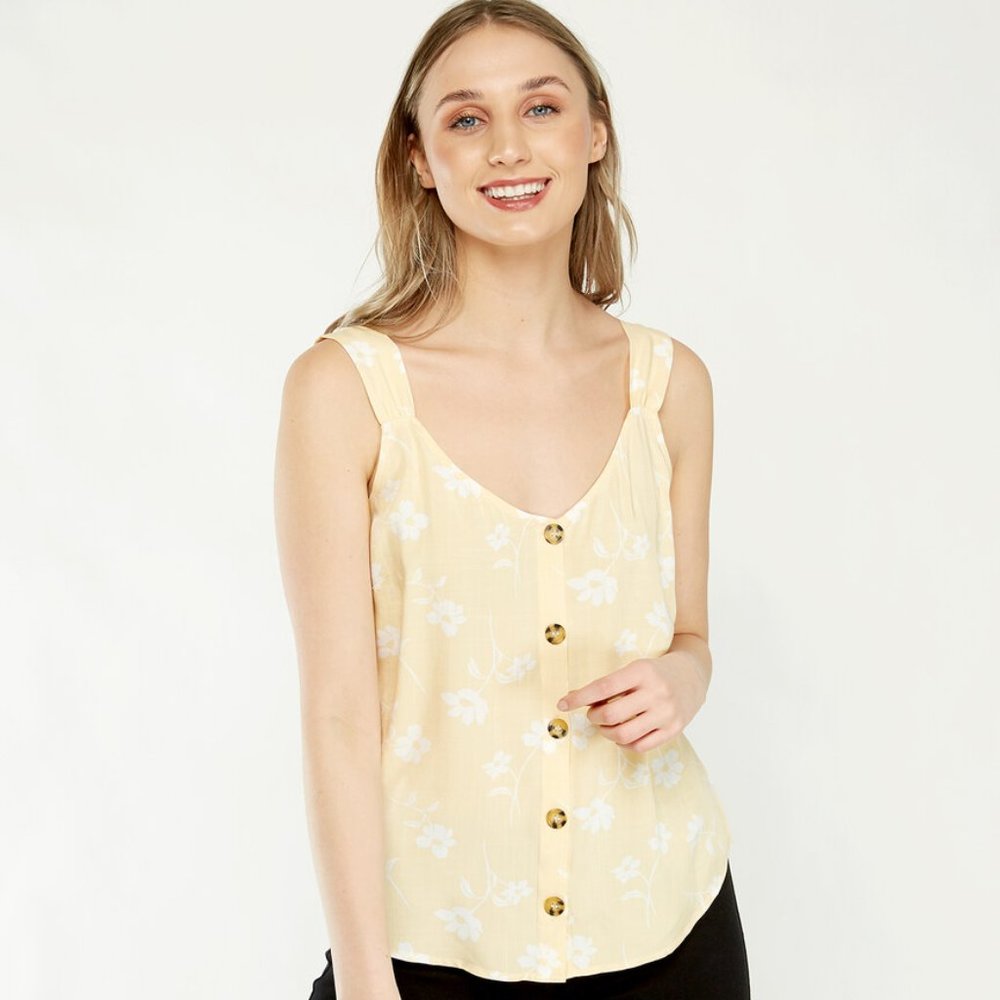 Kismet Soft Yellow with White Flowers Tank Sleeveless Wide Strap Blouse Top Med